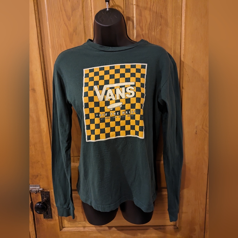 Vans "off the wall" yellow checkered long sleeve green M shirt